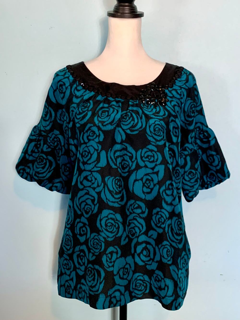 Anthropologie A Common Thread Turquoise Floral Silk Top Size Small